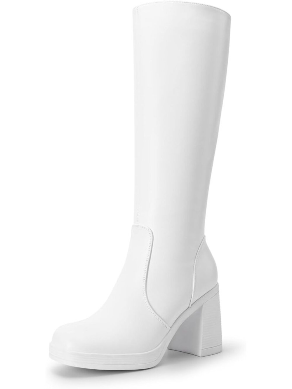 🆕Women's White Pu Platform Knee High Boots Square Toe Chunky Block Heel Shoes